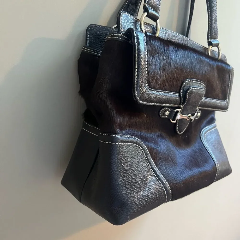 Talbots vintage leather and Haircalf Top-Handle Satchel in Dark Brown